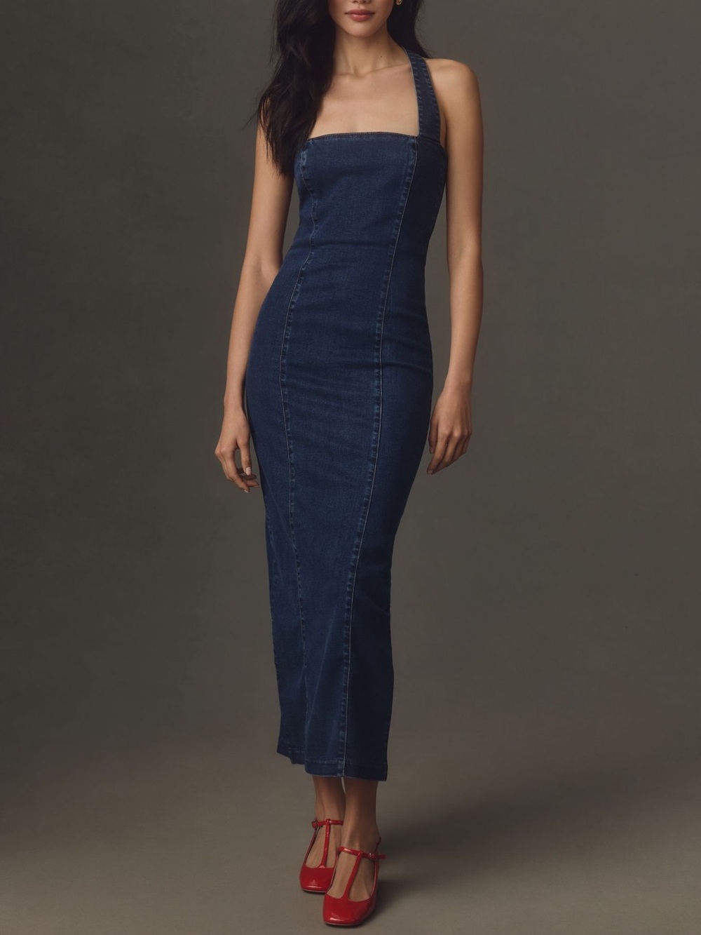 Reformation Dark Blue Denim Halter Maxi Dress